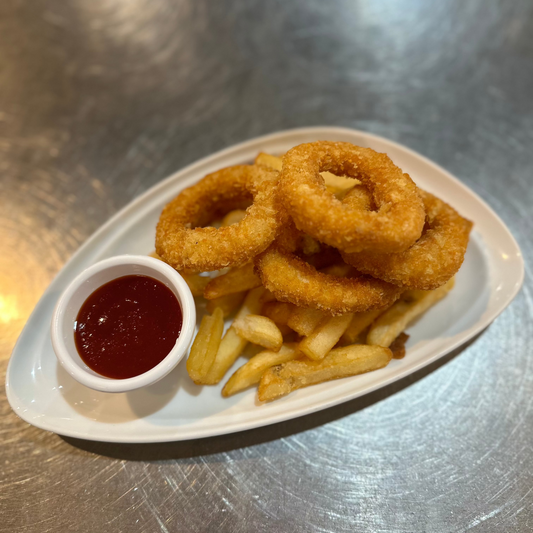 Kids calamari and chips served with tomato sauce