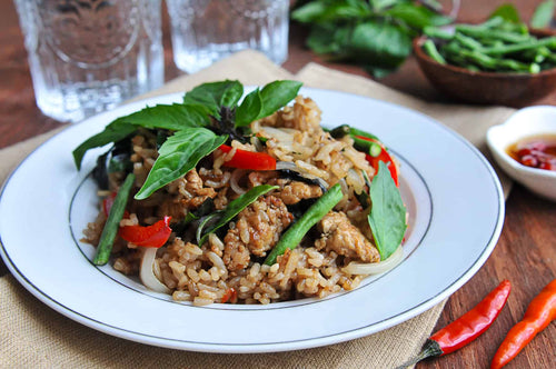 Drunken Fried Rice with Mild Chili, Garlic + Basil